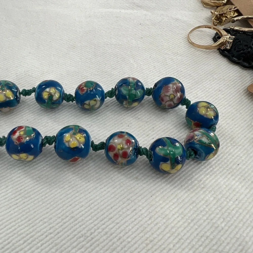 Vintage Blue Cloisonne Double Hand Knotted bead necklace and earrings